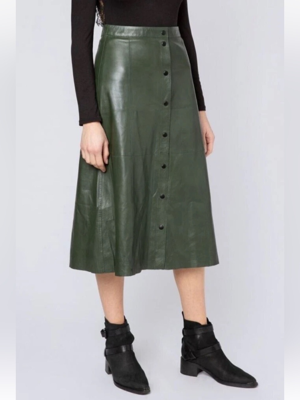 Muubaa London A-line Leather Midi Popper Skirt in Juniper Dark Green UK 6 US 2